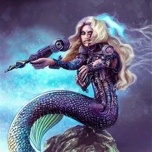 Image similar to mermaid cyborg with a laser whip, realistic, detailed, uncropped, fantasy art