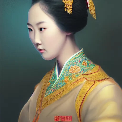 Image similar to hyper realism portrait of Chinese princess by Zhong, Fenghua, stunning, detailing, artstation trending, perfect lighting, golden hour