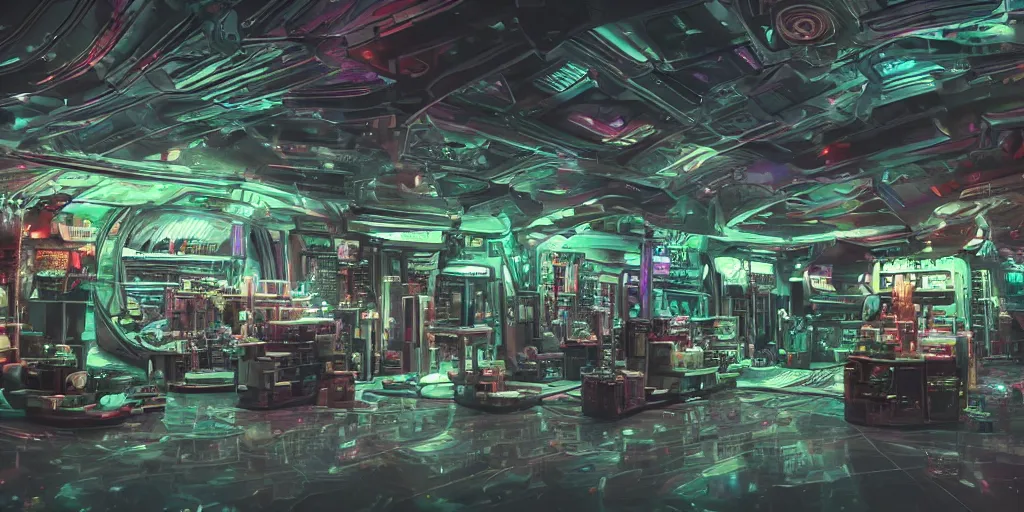 Image similar to a dirty alien shop, futuristic, holographic, 8k, sharp focus, hyper realistic