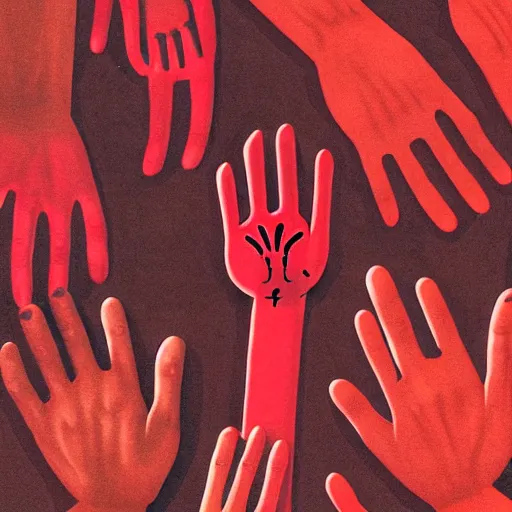 Prompt: a red person stylized is being indicated by many hands. curcular composition