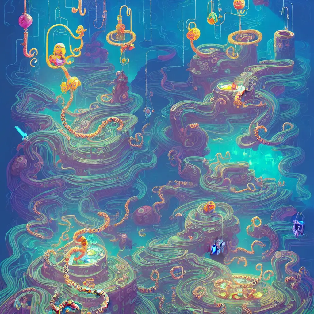 Image similar to illustration of a data-center architecture or schema, security agent and little shiny treasure and little spiked viruses and little octopus, datapipeline or river, painting by Jules Julien and Lisa Frank and Peter Mohrbacher and Alena Aenami and Dave LaChapelle muted colors with minimalism