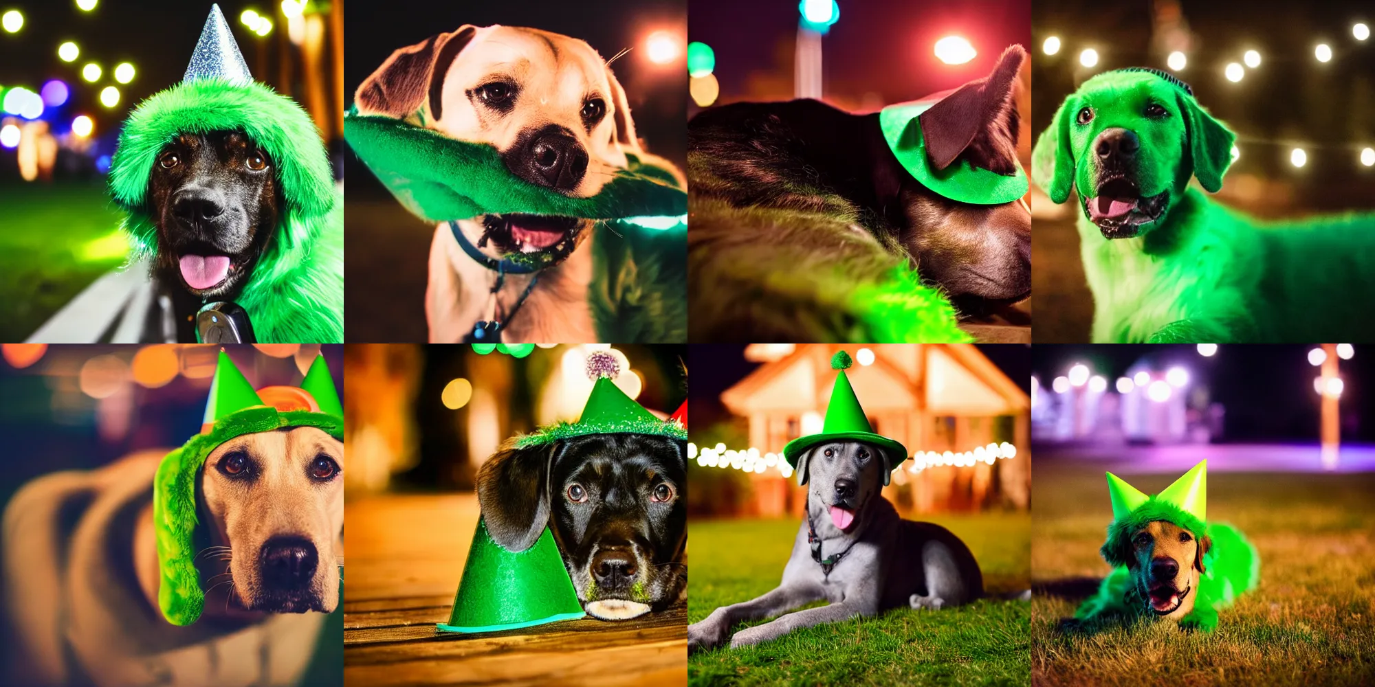Prompt: night time dslr photo of a green fur, green labrador wearing a party hat in a country side party at night, bokeh depth of field, nikon lens