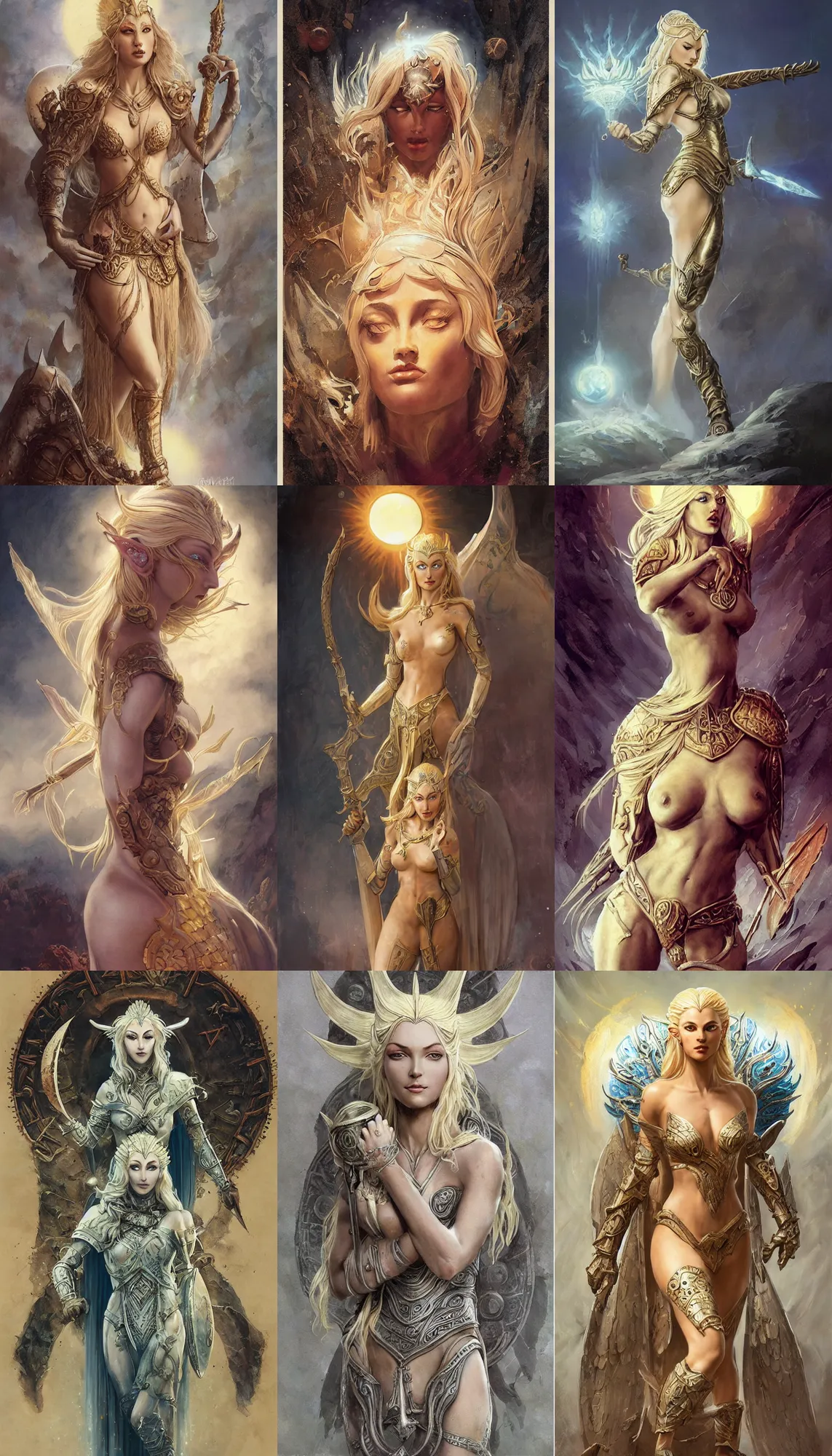 Image similar to A mixed media painting of the beautiful blonde goddess of the sun, very aesthetic, curvy, detailed face, elven armor, by Frank Frazetta, Greg Rutkowski, Boris Vallejo, Beeple, Yoko Taro, Christian MacNevin, epic fantasy character art, goddess of anger, viking runes, high fantasy, CGsociety, full length, exquisite detail, post-processing, masterpiece, cinematic, odin's stone arena background