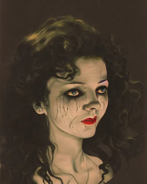 Image similar to a handsome but creepy, sinister, smiling young woman, with haunted eyes and curly hair, 1 9 7 0 s, seventies, wallpaper, a little blood, moonlight showing injuries, delicate embellishments, painterly, offset printing technique, by brom, robert henri, walter popp