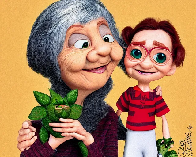 Image similar to detailed cartoon portrait of an old lady and her plant cat, pixar, sharp high quality