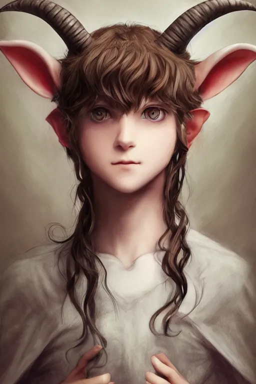 Image similar to a young elf, with goat horns and animal ears and curly brown hair, ultra detail, studio ghibli aesthetic, yoshitaka amano style, pastel colors,, hyperrealism, award winning artwork, realistic hair, artstation trend, high quality print, fine art with subtle redshift rendering,