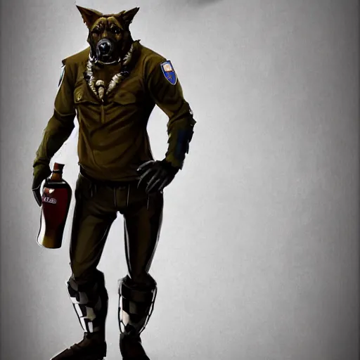 Image similar to a humanoid german shepherd beast - man in military style, holding a bottle of beer, artstation, concept art, smooth, sharp foccus ilustration, artstation