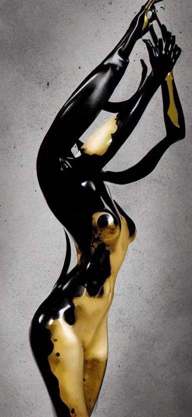 Prompt: perfect female body silhouette, liquid sculpture, astral clockwork, abstract shapes, photorealism, beautiful portrait, golden and black latex mixture, black ink