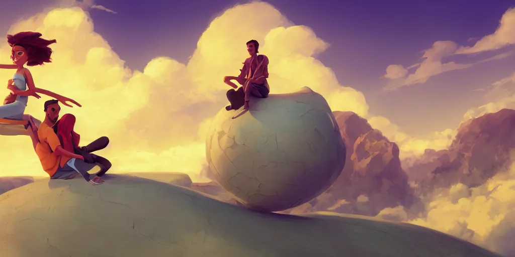 Image similar to conceptual art of a beautiful couple sitting on a cloud, mattepainting concept Blizzard pixar maya engine on stylized background global illumination lighting artstation in the style of The Road to El Dorado