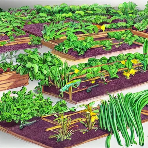 Image similar to raised garden beds full of tomotoes and string beans, concept art, illustrated, highly detailed, high quality, bright colors, optimistic,