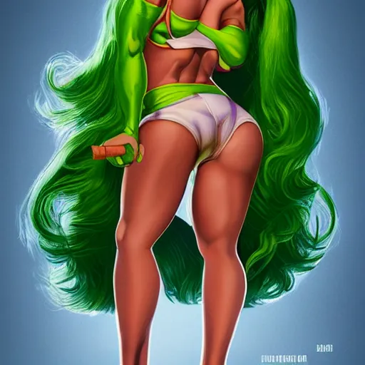 Image similar to Singer Beyoncé as She-Hulk, smiling, photorealistic, comic pinup style, sports illustrated, detailed legs, hyperreal, surreal, artstation, bokeh, tilt shift photography, photo illustration, Roge Antonio, Jen Bartel