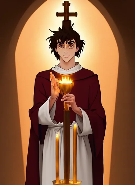 Image similar to kai havertz as a priest wearing robes. holding golden candlestick, in a monestry natural lighting, path traced, highly detailed, high quality, digital painting, by don bluth and ross tran and studio ghibli and alphonse mucha, artgerm