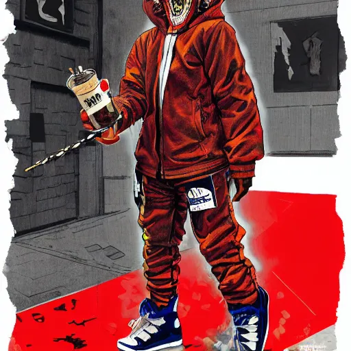 Prompt: a detailed portrait of a fashionable gopnik demon oni wearing a gurokawa cyberpunk adidas outfit the style of william blake and norman rockwell, kubrick, rembrandt, junji ito undertones, crisp, vibrant color scheme, crisp, artstationhd