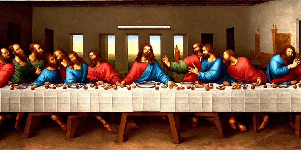 Prompt: the last supper but with robots, by michelangelo, da vinci, sci - fi, detailed, beautiful composition, masterpiece