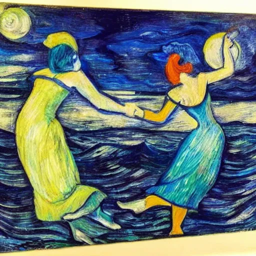 Prompt: two Irish Women in the moonlight dancing by the ocean , high quality art in the style of cubism and jack b yeats