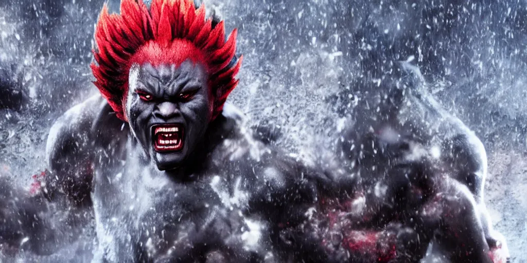 Prompt: a film still of a black man starring in a japanese blockbuster film as akuma from tekken, shallow depth of field, cinematic, award winning cgi, vfx, film still