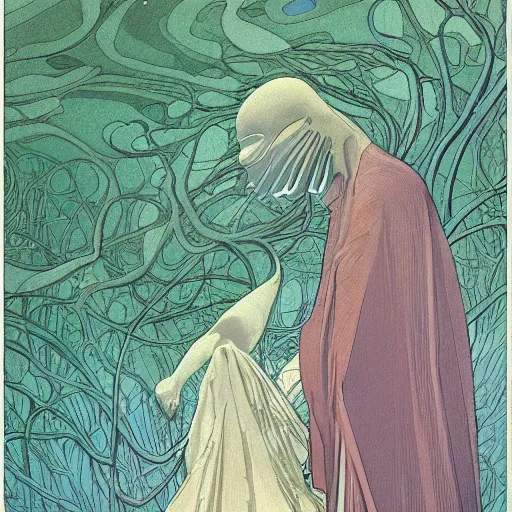 Prompt: lavish ecru by edward okun, by carsten meyerdierks, by mœbius. a beautiful illustration. a ripple passes through its eyestalks. i wish it had a face : the stare of its moist forest of orbs is unnerving.