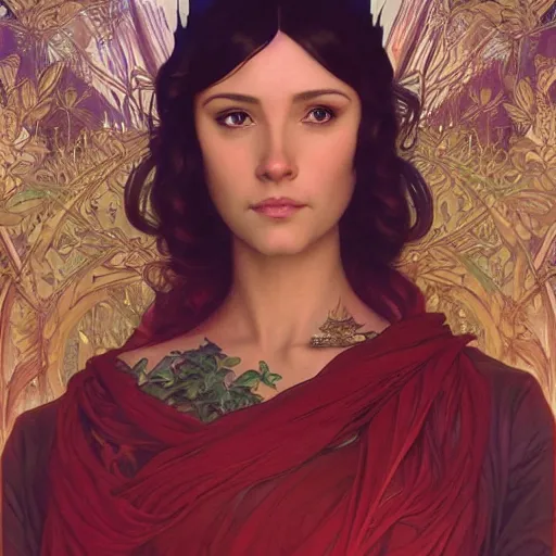 Prompt: romulan queen with red trees in background, intricate, elegant, highly detailed, digital painting, artstation, concept art, smooth, sharp focus, illustration, art by artgerm and greg rutkowski and alphonse mucha and william - adolphe bouguereau