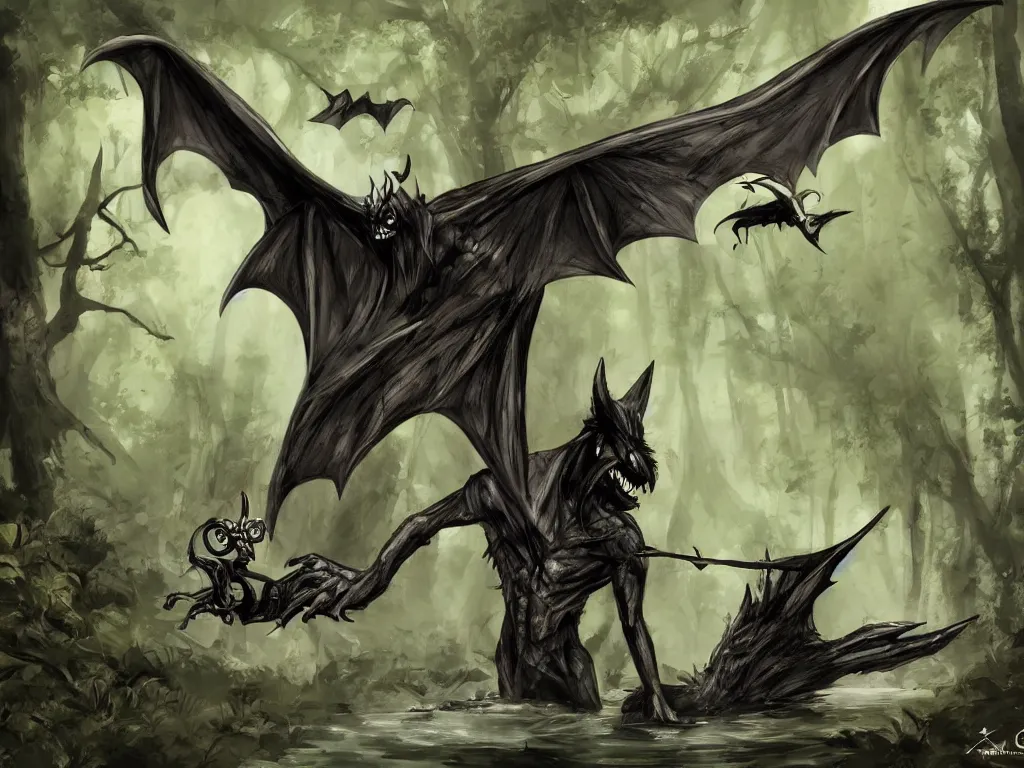 Prompt: concept art creature with bat wings and diabolic drinking water from a river in the forest