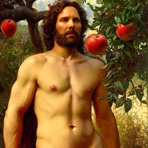 Image similar to muscular paul rudd as the biblical adam in the garden of eden, abundant apple trees, natural lighting, path traced, highly detailed, high quality, digital painting, by gaston bussiere, craig mullins, alphonse mucha j. c. leyendecker, tom of finland