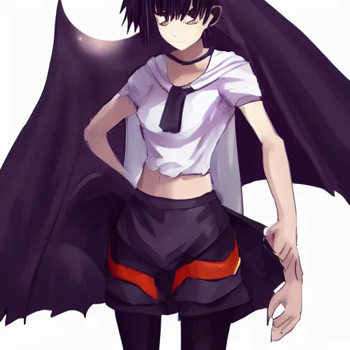 Image similar to { APPEAR(heroic build + sharp fangs + smug smile + short black hair) WEAR(cape + white tanktop + cargo pants) FEATURED(Pixiv) }