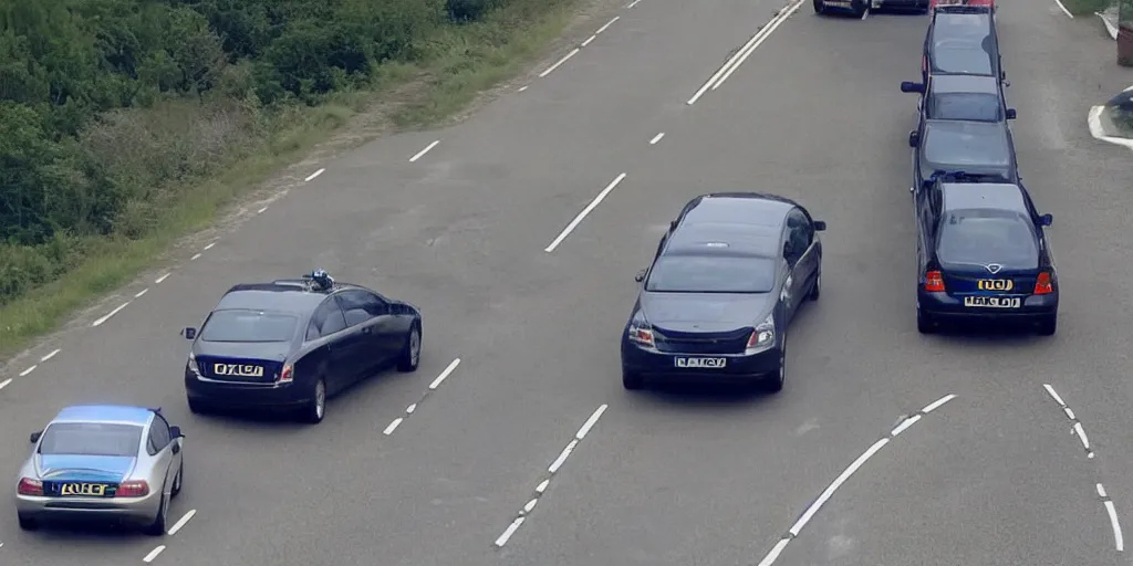 Prompt: police helicopter thermal cam of uk police cars chasing a 2 0 0 7 volvo s 9 0. car is going 8 6 mph on a highway.