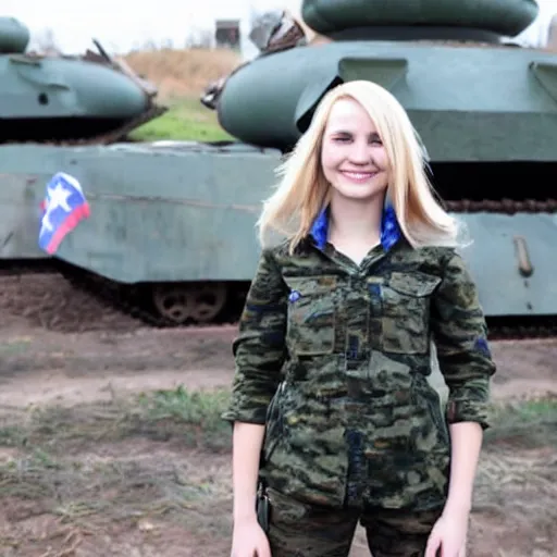 Image similar to slavic happy blond girl standing in front of remains of house and tanks with russian flags