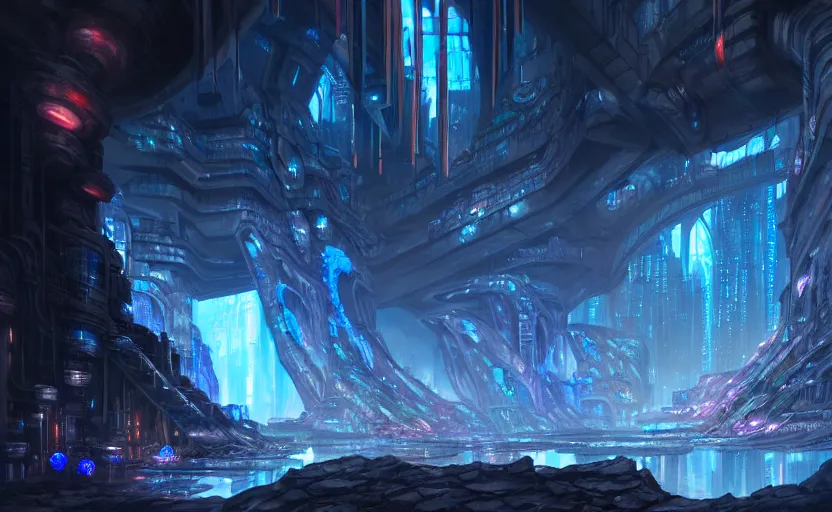 Image similar to cyberpunk factory in a giant dark cave, black rocks, detailed stones, dramatic light, blue crystals, hyper detailed, realistic, intricate, concept art by frank hong, mate painting, artstation