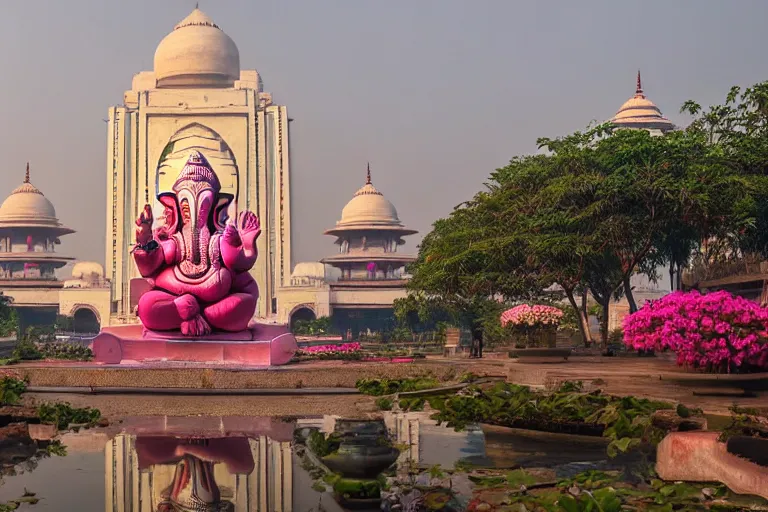 Image similar to beautiful futuristic new delhi, sharp sci - fi ganesha!! building, kalighat flowers, highly detailed cinematic, stephen shore & john j. park, soft morning light, wide shot, high angle, uhd 8 k, shallow depth of field