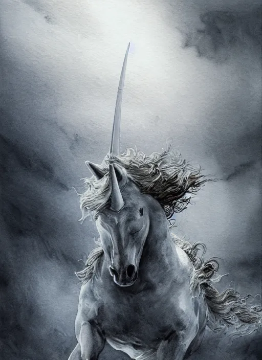 Image similar to portrait, A suicidal unicorn, watercolor, dramatic lighting, cinematic, establishing shot, extremely high detail, foto realistic, cinematic lighting, pen and ink, intricate line drawings, by Yoshitaka Amano, Ruan Jia, Kentaro Miura, Artgerm, post processed, concept art, artstation, matte painting, style by eddie mendoza, raphael lacoste, alex ross