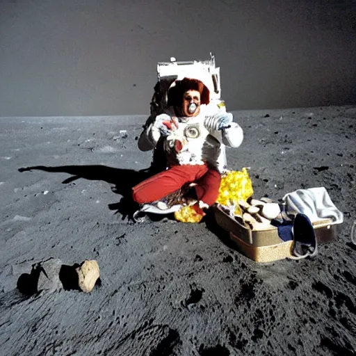 Prompt: color photography of Freddy mercury laughing while having a picnic on the moon