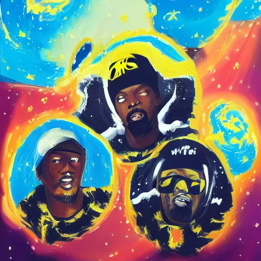 Prompt: a messy painting of the Wu-Tang Clan in space