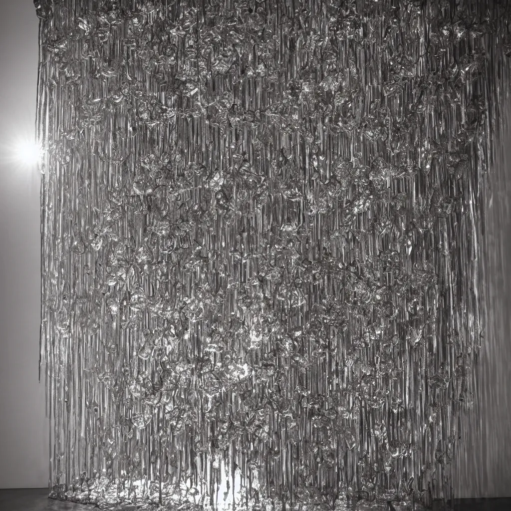 Prompt: ruth asawa sculpture of a crystal waterfall, studio photography, dramatic lighting