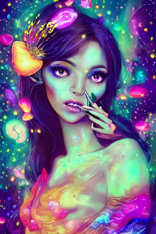 Prompt: psychedelic, digital painting, 4k, illustration, beautiful seductive woman with fox ears smoking weed, with professional makeup, long trippy hair, a crystal and flower dress, sitting on bed of crystals, surrounded by gems, underneath the stars, rainbow fireflies, trending on patreon, deviantart, twitter, artstation, volumetric lighting, heavy contrast, art style of artgerm and Greg Rutkowski and alphonse mucha