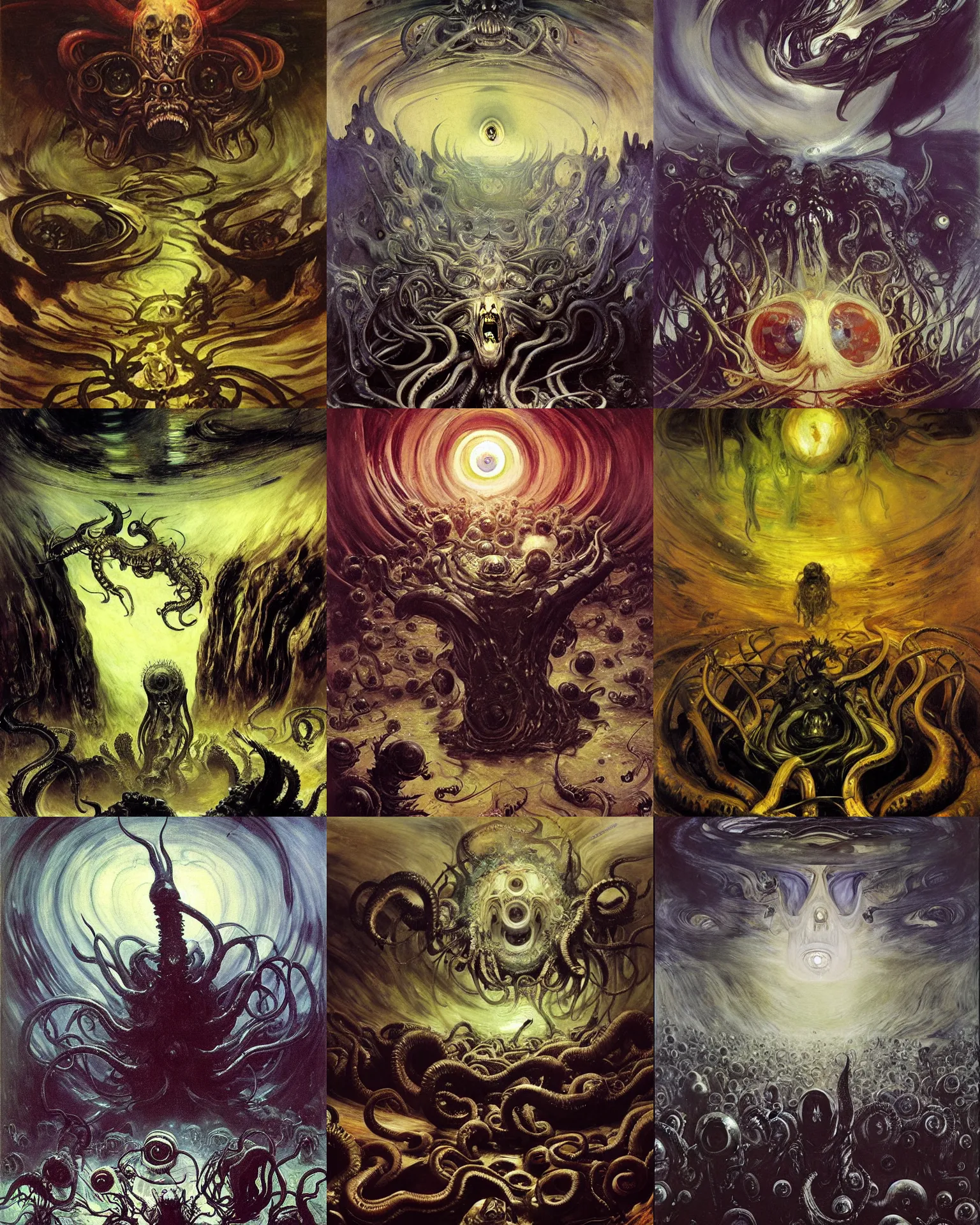 Prompt: ritual of otherworldly massive cthulu god arising a grim obsidian landscape made of giant eyeballs, painting by joaquin sorolla, edvard munch john berkey, gustave dore, thomas moran, hieronymus bosch, hp lovecraft, paranoid vibe, terror giant infinite eyes horror spider eyes tentacles maggots feeling of madness and insanity