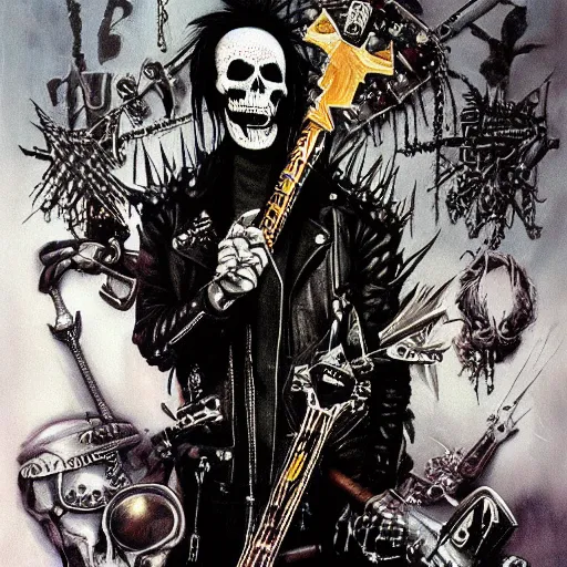 Prompt: a portrait of the grim reaper as a punk rocker, punk, skeleton face, mohawk, dark, fantasy, leather jackets, spiked collars, spiked wristbands, piercings, boots, guitars, motorcycles, ultrafine detailed painting by frank frazetta and vito acconci and will eisner, detailed painting