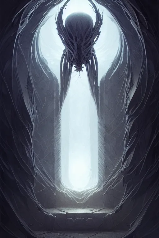 Image similar to professional concept art symmetrical portrait of a ominous floating!! organic terrifying!! species thing in a dark room by artgerm and greg rutkowski. an intricate, elegant, highly detailed digital painting, concept art, smooth, sharp focus, illustration, in the style of cam sykes.