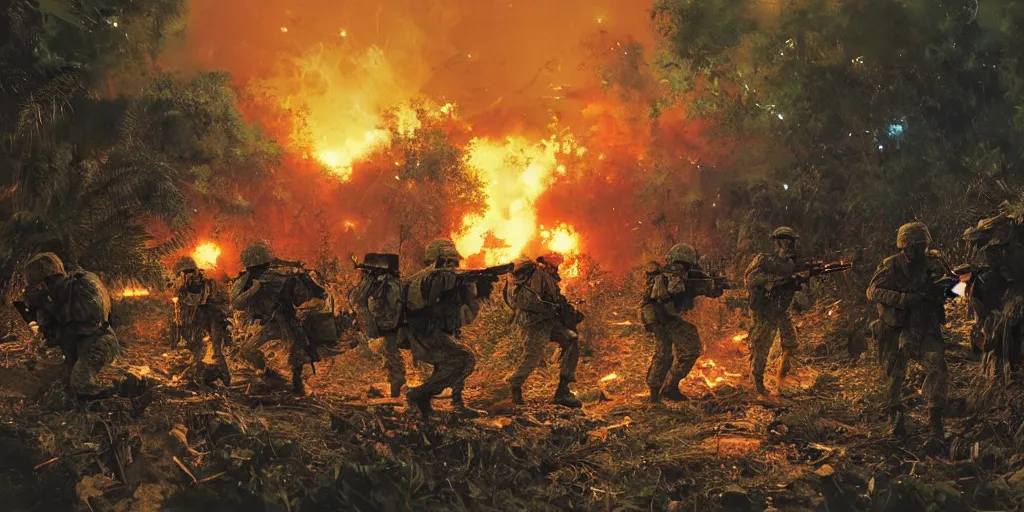 Image similar to a squad of american soldiers in combat in the vietnamese jungle at night illuminated by napalm strike, beautiful, vivid, cinematic, art by craig mullins