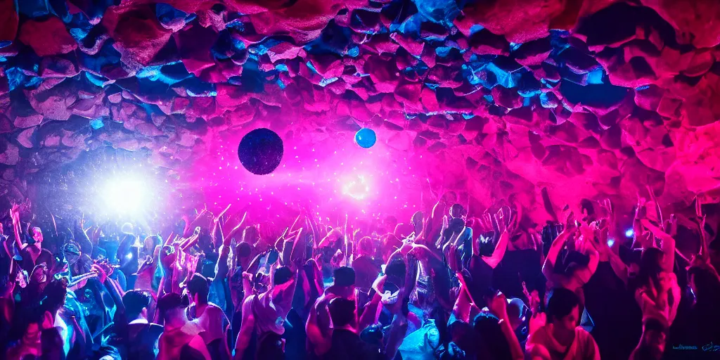 Image similar to cinematic shot of a goth disco nightclub in a cave, sphere of knives made of pink lasers and blue crystals, people dancing, 8k photo, award winning, masterpiece