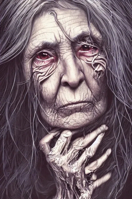 Prompt: very old woman crone with long scraggly hair, wearing torn rags, character concept art, intricate details, highly detailed photorealistic portrait in the style of adam hughes, seseon yoon, artgerm and warren louw