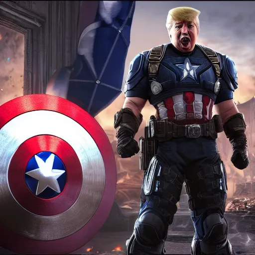 Image similar to portrait of donald trump as captain america in gears of war, splash art, maga, patriot, movie still, cinematic lighting, dramatic, glowing, ray tracing, octane render, long lens, shallow depth of field, bokeh, anamorphic lens flare, 8 k, hyper detailed, 3 5 mm film grain