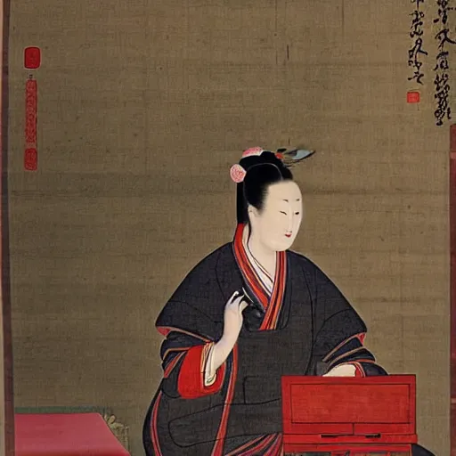 Image similar to the Chinese ancient painting of a lady playing the piano in Tang Dynasty , by Han Xizai