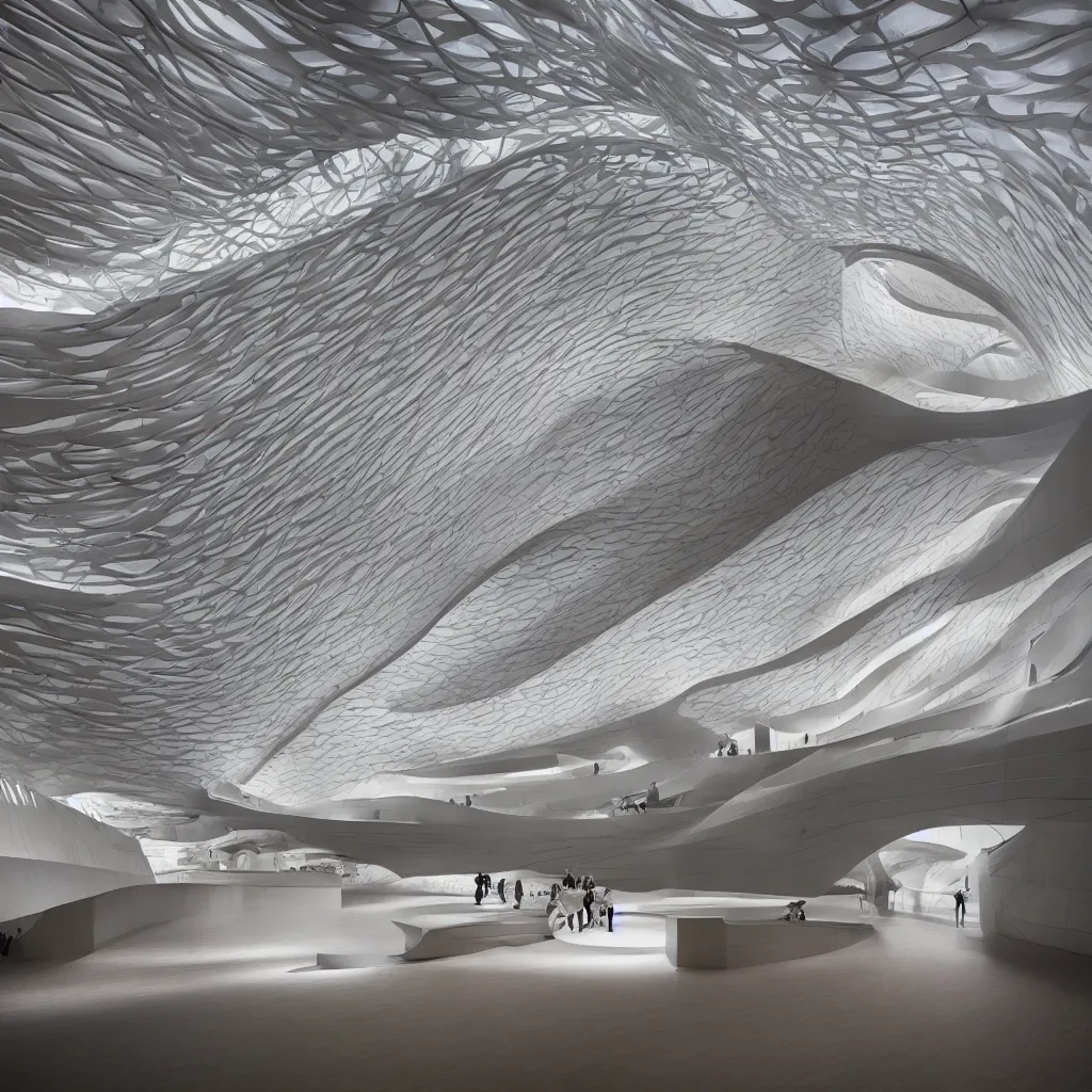 Image similar to “ the interior exhibition halls of a museum of emotions designed by zaha hadid and toyo ito, highly detailed in 4 k ”
