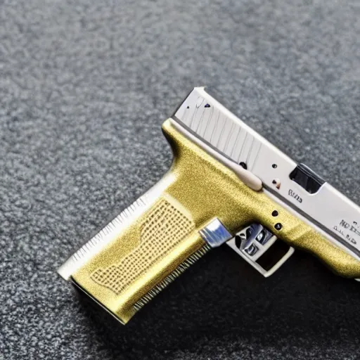 Prompt: an sls 3 d printed golden and silver glock 1 9. 8 0 mm lens, f 1. 8.