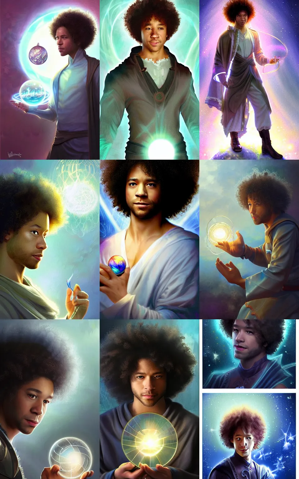 Prompt: character concept portrait of Corbin bleu as an wizard enchanting a floating globe of light, a floating iridescent spell book in the center, intricate, elegant, digital painting, concept art, smooth, sharp focus, illustration, from Metal Gear, by Ruan Jia and Mandy Jurgens and William-Adolphe Bouguereau, Artgerm