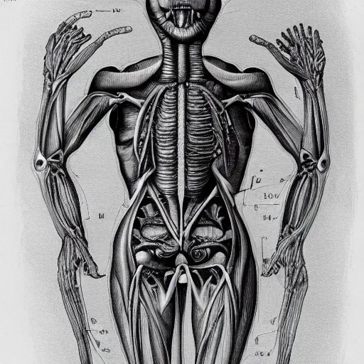 Image similar to anatomical drawing of an alien creature, with organs labeled