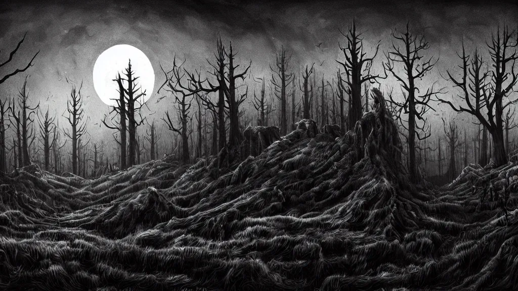 Prompt: detailed stylized horror illustration of the unknown place with the dead pines, under a pale dead moon, folk horror, dramatic dark eerie lighting, horrific surreal nightmare, 8k resolution artwork, horror art, eerie, creepy, trending on artstation, painting, elaborate excellent painted illustration, smooth, sharp focus