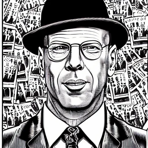 Prompt: a illustration portrait of Bruce Willis drawn by Robert Crumb