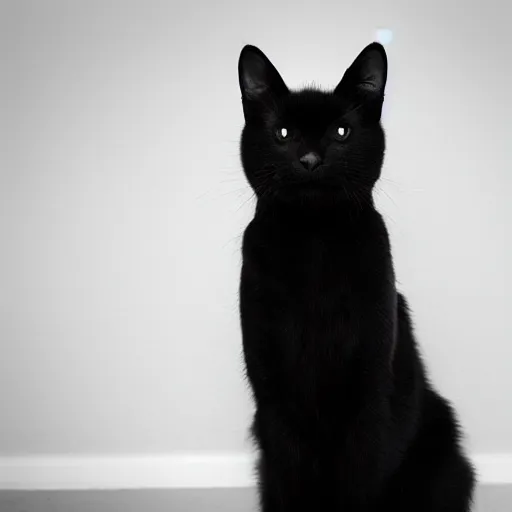 Prompt: national geographic photograph of a black cat sitting in a white room