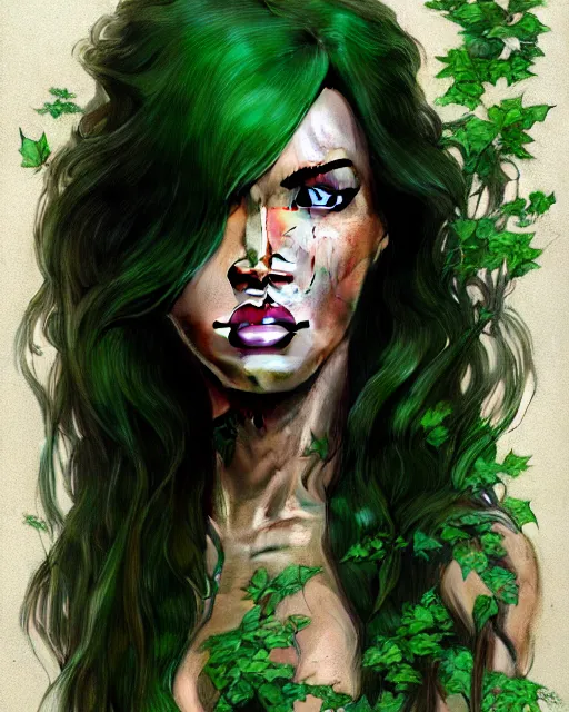 Image similar to highly detailed vfx portrait of megan fox as poison ivy, stephen bliss, unreal engine, greg rutkowski, loish, rhads, beeple, makoto shinkai and lois van baarle, ilya kuvshinov, rossdraws, tom bagshaw, alphonse mucha, global illumination, detailed and intricate environment